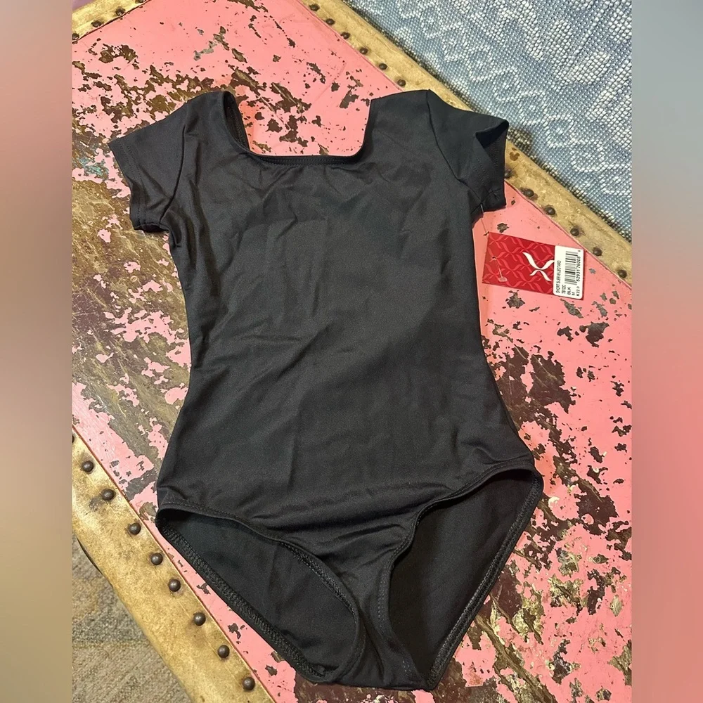 CAPEZIO girls black short sleeve leotard sz M (8-10) - NWT